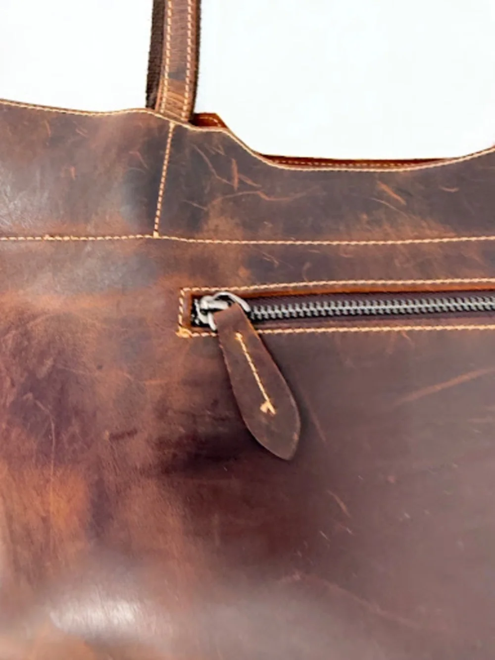 Rustic Dark Brown Distressed Crazy Horse Leather Shoulder Tote Bag Zip Top